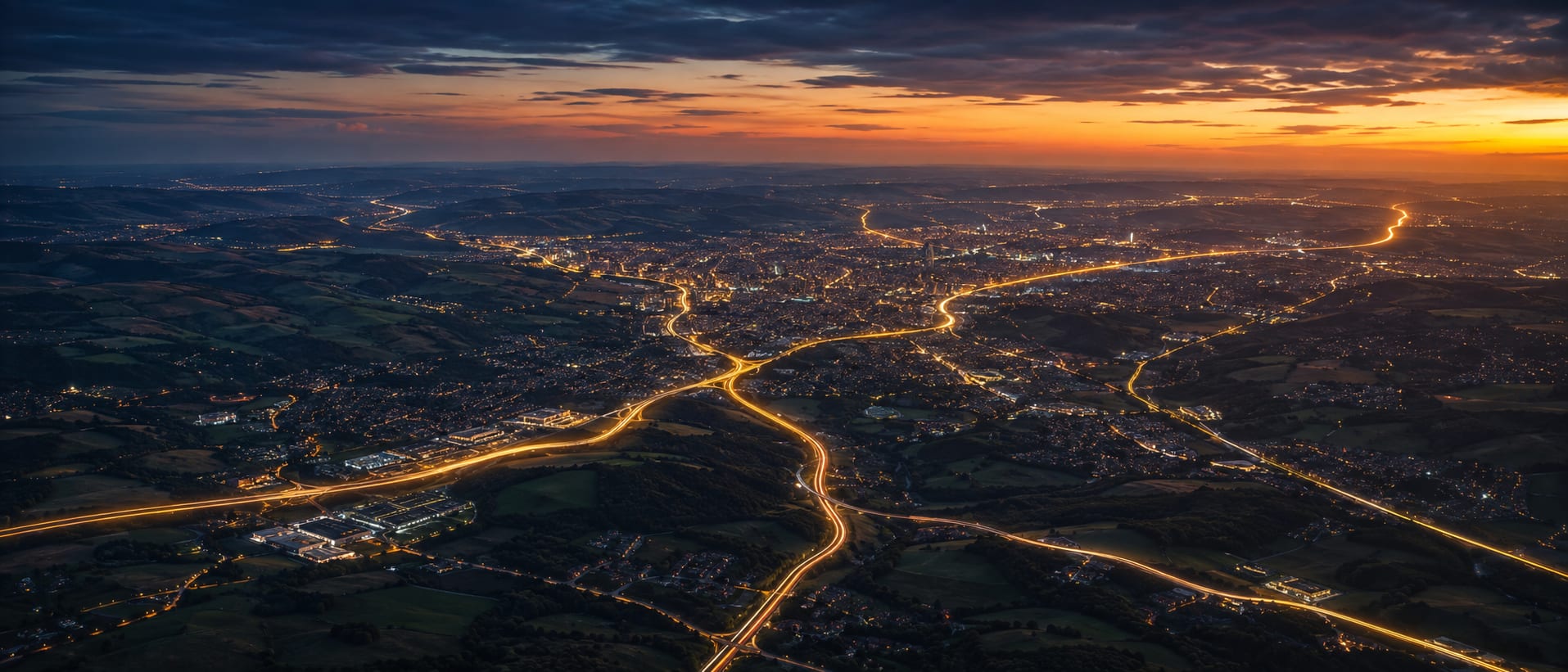 Routes spreading across South Yorkshire at dusk