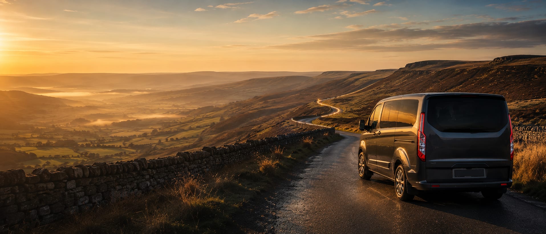 Dronfield Premier Travel Ford Tourneo Custom on a Yorkshire road overlooking the valley at golden hour