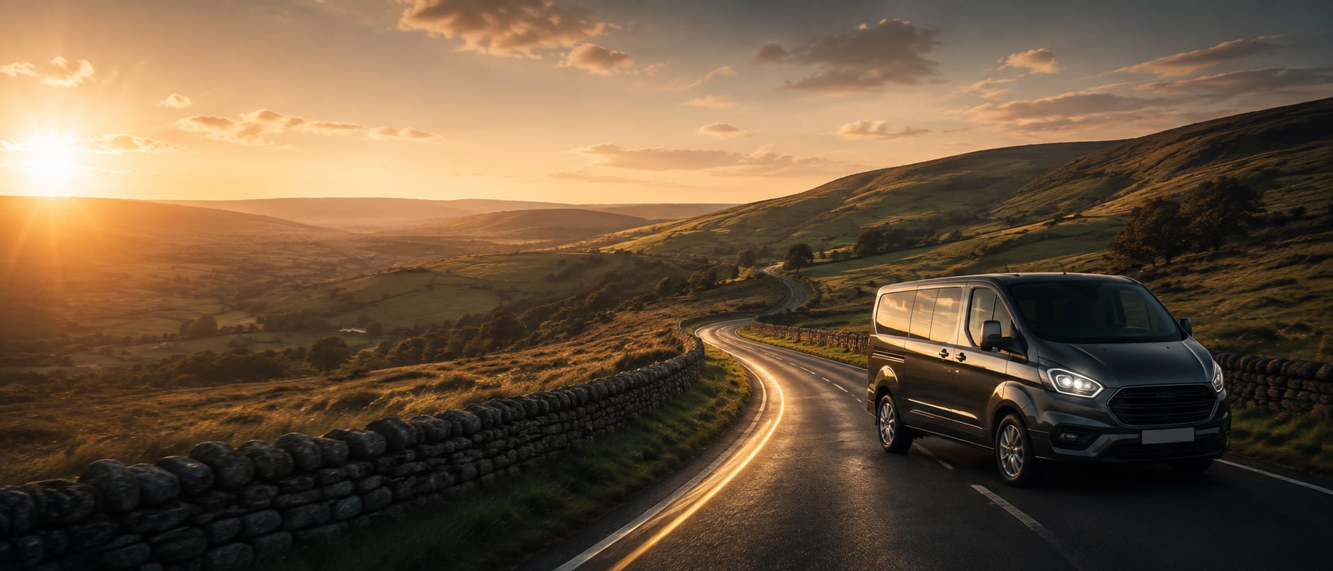 Dronfield Premier Travel Ford Tourneo Custom travelling a glowing gold route through the Yorkshire landscape at golden hour